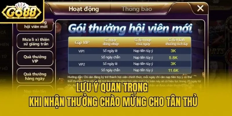 Lưu ý quan trọng khi nhận thưởng chào mừng cho tân thủ